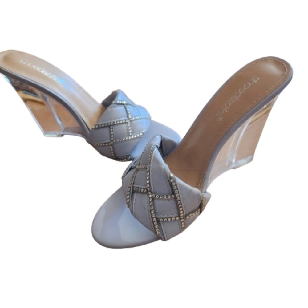 Shoedazzle Light Blue Rhinestone Clear Wedge Mule Sandals EU 38.5 NWT